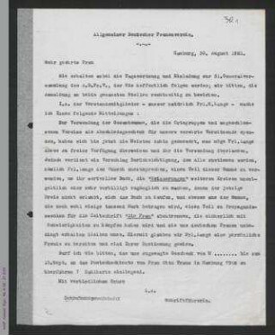 Rundschreiben von Antonie Traun an die Vorsitzenden der Ortsgruppen und Mitgliedsvereine