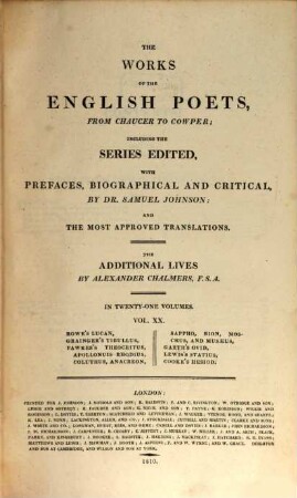The works of the English poets, from Chaucer to Cowper : in 21 volumes. 20, Rowe's Lucan [u.a.]