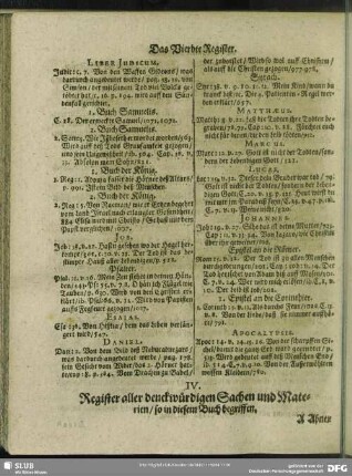 IV. Register aller denckwürdigen Sachen und Materien, so in diesem Buch begriffen