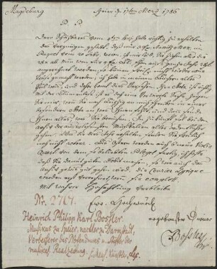 Brief von Heinrich Philipp Bossler an Johann Friedrich Ludwig Sievers