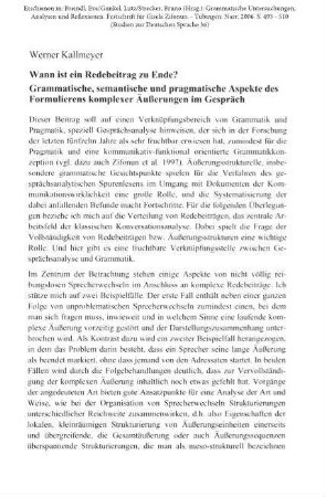 Wann ist ein Redebeitrag zu Ende? Grammatische, semantische und pragmatische Aspekte des Formulierens komplexer Äußerungen im Gespräch