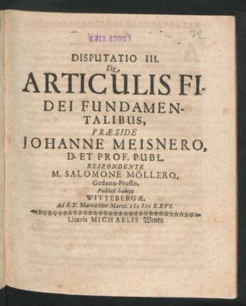 Disputatio III. De Articulis Fidei Fundamentalibus