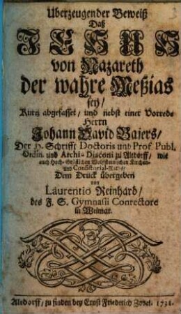 Überzeugender Beweiß Daß Jesus von Nazareth der wahre Meßias sey