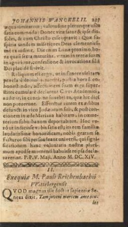 II. Exequiae M. Pauli Reichenbachii Wittebergensis.