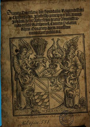 Statuta Diocesana siue Synodalia Reuerendissimi in Christo patris. Jllustrisq[ue] principis et d[omi]ni. domini Johan[n]is. dei et Ap[osto]lice sedis gratia Administratoris ecclesie Ratisponen[sis]. Comitis Palatini Rheni Bauarieq[ue] ducis. : nouissime innouata et publicata