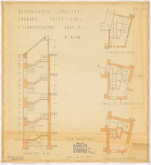 Wohnhausbebauung Eiswerderufer Ecke Triftstraße für Lindecke, Berlin-Spandau: Treppe, Haus 3: Schnitt und 3 Grundrisse 1:50