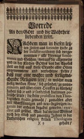Vorrede An den Gott und die Wahrheit liebenden Leser.