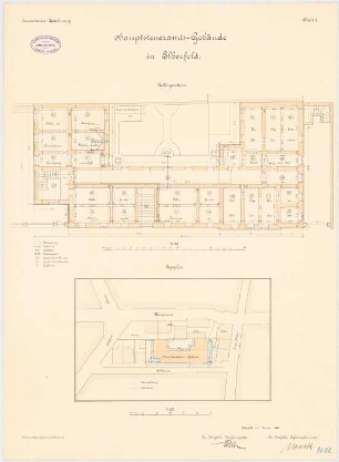 Hauptsteueramt, Elberfeld: Lageplan 1:500, Grundriss Keller 1:100