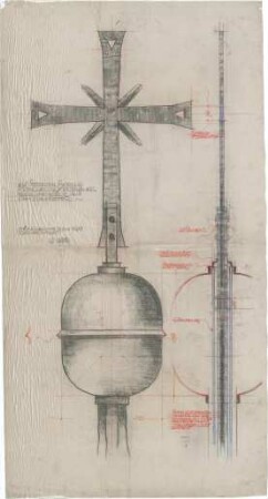 Bestelmeyer, German; München - Nymphenburg; Ev. Stephanuskirche - Kugel u. Kreuz auf dem Dachreiter (Ansicht, Schnitt)