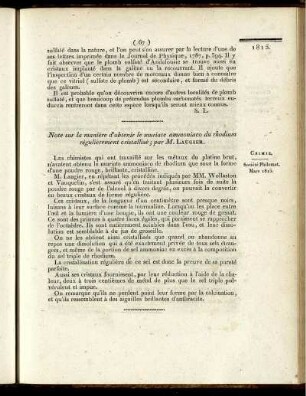 Note sur la manière d'obtenir le muriate ammoniaco du rhodium régulièrement cristallisé