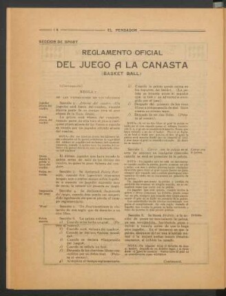 Reglamento oficial del juego a la canasta (basket ball) - [Continuación] : Sección de sport