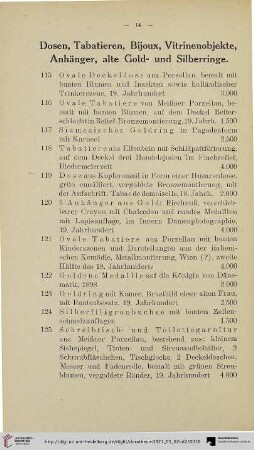 Dosen, Tabatieren, Bijoux, Vitrinenobjekte, Anhänger, alte Gold- und Silberringe (Nr. 115-134)