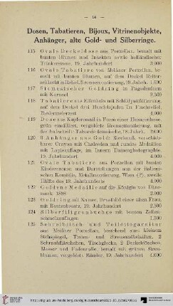 Dosen, Tabatieren, Bijoux, Vitrinenobjekte, Anhänger, alte Gold- und Silberringe (Nr. 115-134)