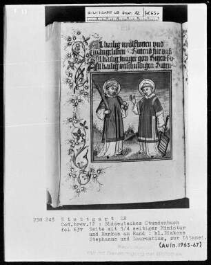 Deutsches Gebetbuch (Waldburg-Gebetbuch) — Die Heiligen Stephanus und Laurentius, Folio 63verso