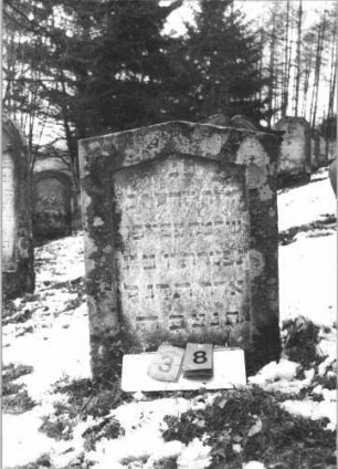 Grabstein 38 (Index: 99608722) Material: Sandstein Zustand: leicht verwittert Maße HxBxT: 79x56x10 cm Beschreibung: Stele mit flachem Spitzgiebel, vertiefter Textteil in gleicher Form: Grabstein 38