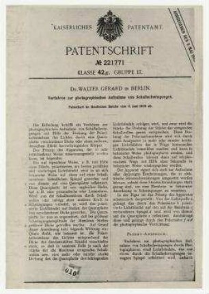 Walter Gérard. Verfahren zur photographischen Aufnahme von Schallschwingungen. Kaiserliches Patentamt. Patentschrift Nr. 221771 [Berlin]