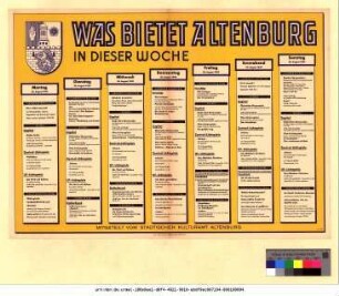 Originaltitel: Was bietet Altenburg in dieser Woche 22. August bis 28. August 1949 Mitgeteilt vom Städtischen Kulturamt Altenburg