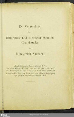IX. Verzeichnis der Rittergüter und sonstigen exemten Grundstücke im Königreich Sachsen