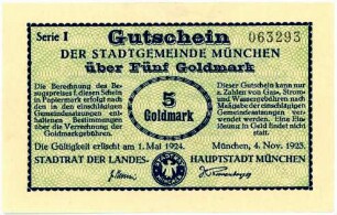 Geldschein / Notgeld, 5 Goldmark, 4.11.1923