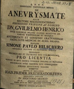 Dissertatio Inavgvralis Medica De Anevrysmate