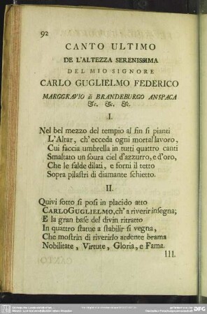 Canto Ultimo De L' Altezza Serenissima Del Mio Signore Carlo Guglielmo Federico Marggravio di Brandenburgo Anspaca & [et]c.