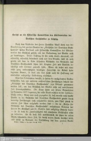 Bericht an die Historische Commission des Börsenvereins der Deutschen Buchhändler zu Leipzig