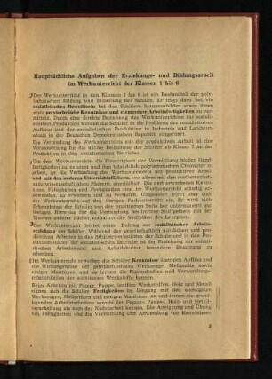 Hauptsächliche Aufgaben der Erziehungs- und Bildungsarbeit im Werkunterricht der Klassen 1 bis 6