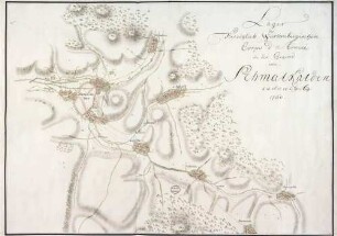 "Lager des Herzoglich Würtembergischen Corps d'Armée in der Gegend von Schmalkalden den 15., 16., 17., 18. und 19. August 1760" [aus dem Sammelband mit eingeklebten Karten des Herzoglich Württembergischen Corps des Guides über Lager während des Feldzugs gegen Preußen 1760 sowie Feldlager bei Ludwigsburg 1762 - 1763]