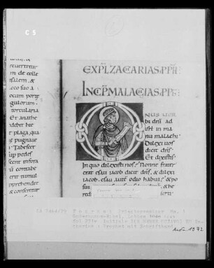 Ms. 1, Goderannus-Bibel, fol. 271v, Initiale I, Prophet mit Schriftband