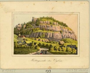 Ansicht des Felsen Oybin im Zittauer Gebirge, mit Ruine und Bergkirche, Blick von Süden