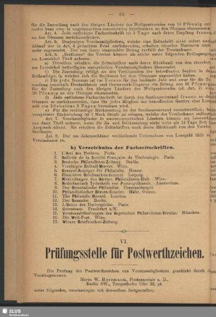 VI. Prüfungsstelle für Postwerthzeichen