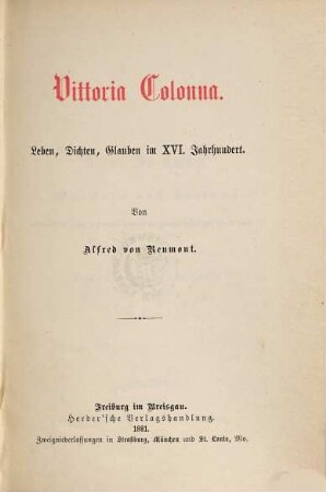 Vittoria Colonna : Leben, Dichten, Glauben im XVI. Jahrhundert