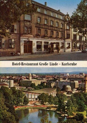 Postkartenalbum mit Motiven von Karlsruhe. "Hotel-Restaurant Große Linde, Karlsruhe. E. und H. Wiederhold, 75 Karlsruhe-Durlach"