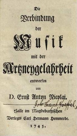 Die Verbindung der Musik mit der Artzneygelahrtheit