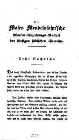 Die Moses Mendelssohn'sche Waisen-Erziehungs-Anstalt der hiesigen jüdischen Gemein[d]e