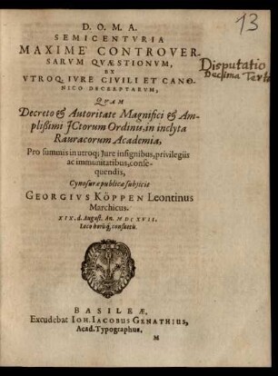 Semicenturia Maxime Controversarum Quaestionum, Ex Utroq. Iure Civili Et Canonico Decerptarum