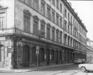 Dresden-Neustadt, Rähnitzgasse 15 / Heinrichstraße 7. Hotel "Stadt Leipzig" (1837). Straßenansicht (Rähnitzgasse)