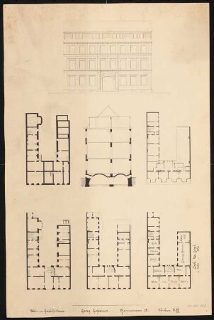 Mietshaus Kronenstraße 28, Berlin Erweiterung: Ansicht, Schnitt, Grundriss Kellergeschoss, Erd- und Obergeschosse, Dachgeschoss