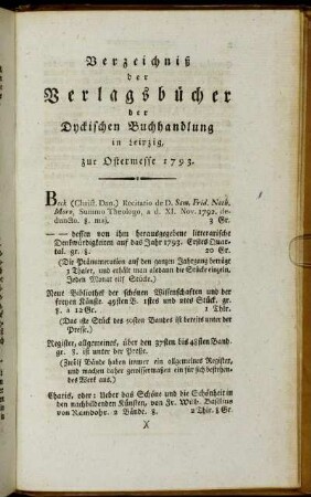 Verzeichniß der Verlagsbücher der Dyckischen Buchhandlung in Leipzig, zur Ostermesse 1793.