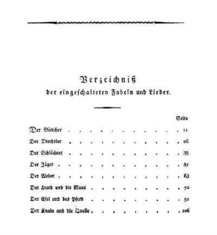 Verzeichniß der eingeschalteten Fabeln und Lieder