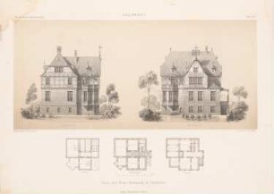 Haus des Herrn Rottmann, Bielefeld: Grundrisse, Ansicht von Süden, Ansicht von Osten (aus: Architektonisches Skizzenbuch, H. 110/5, 1871)