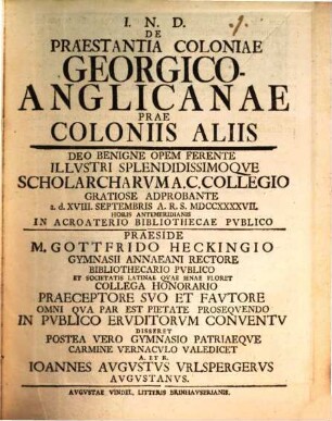 De praestantia coloniae Georgico-Anglicanae prae coloniis aliis