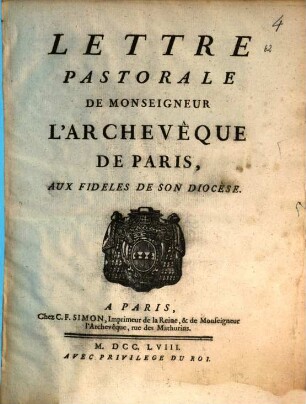 Lettre Pastorale De Monseigneur L'Archevêque De Paris, Aux Fidèles de son diocèse