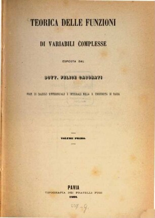Teorica delle funzioni di variabili complesse, Vol. 1