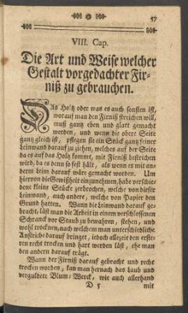 VIII. Cap. Die Art und Weise welcher Gestalt vorgedachter Firniß zu gebrauchen