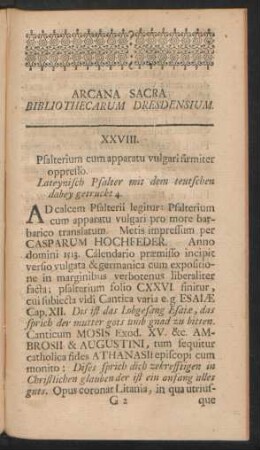 XXVIII. Psalterium cum apparatu vulgari firmiter oppresso. ...