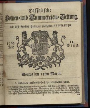 11. Stueck, Montag den 15ten Martii 1762