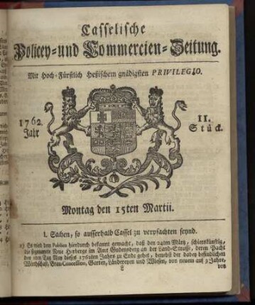 11. Stueck, Montag den 15ten Martii 1762