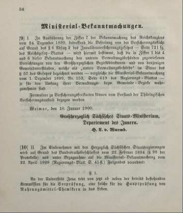 10. Ministerial-Bekanntmachung, betreffend die Errichtung einer Kommission für die Hauptprüfung von Nahrungsmittel-Chemikern an der Universität Jena