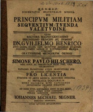 Dissertatio Inavgvralis Medica De Principvm Militiam Seqventivm Tvenda Valetvdine